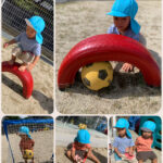 1歳児　戸外遊び　紐通し